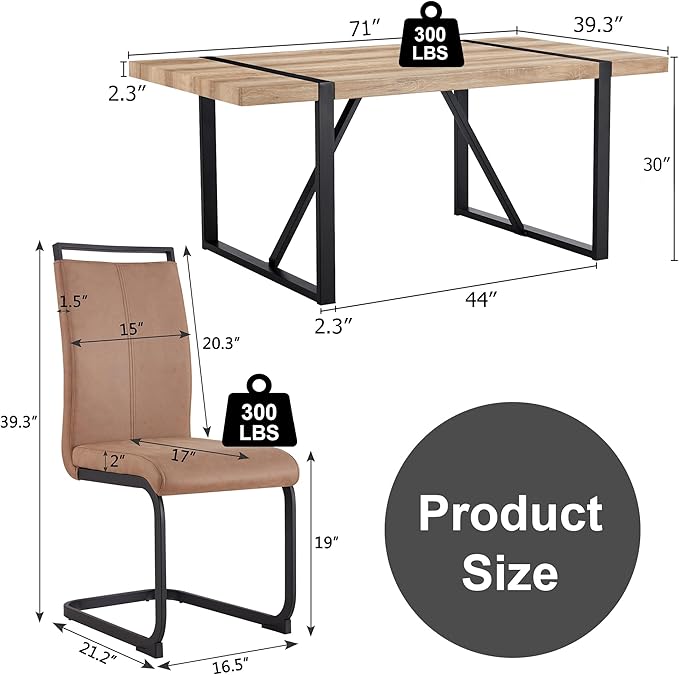 Dining Table Chairs Set for 6, Modern Rectangular Dining Room Table Set PU Leather Upholstered Dining Chairs 71" Dinner Table Set for Kitchen, Dining Room (71 Inch Brown Table+6 Chairs)