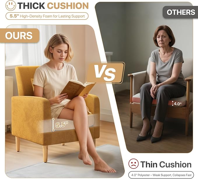 Magshion Mid-Century Accent Chair for Living Room, Comfy Reading Chair for Bedroom, Upholstered Linen Fabric Armchair Single Sofa with Back Pillow & Wood Legs, 300 lbs Capacity, Yellow