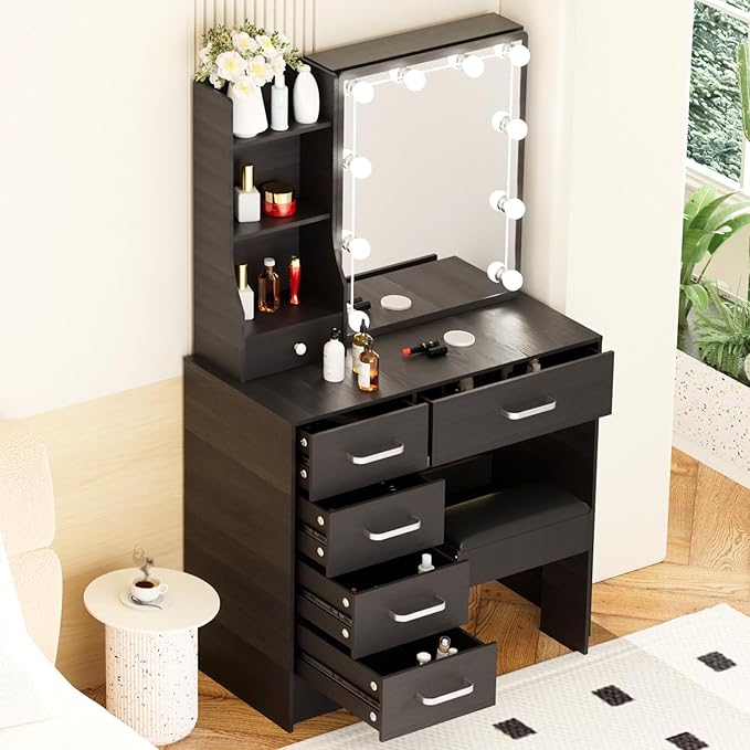 Black Vanity Set with 6 Storage Drawers & Silver Handles, Bedroom Vanity Desk Table Dressing Bench Stool with Hollywood Makeup Mirror and Lights 3 Colors Adjustable Brightness for Girls