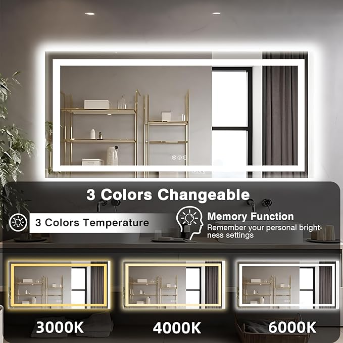 77"x36" Large LED Bathroom Mirror with Front Lit and Backlit, Anti-Fog Lighted Mirror for Wall, Stepless Dimmable Vanity Mirror, 3 Colors Smart Mirror (Horizontal/Vertical)