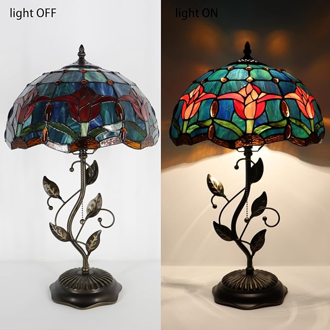 Tiffany Table Lamp, Stained Glass Desk Light, W12H19 Inch, Metal Leaf Base (Tulip Style)