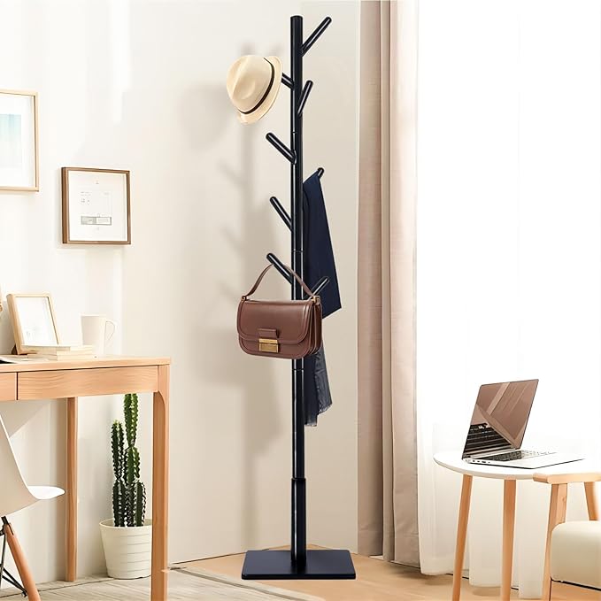 Coat Rack Freestanding with Stable Square Base for Cloathes, Hat, Used in Bedroom, Office and Entryway, Sturdy and Easy Assembly Coat Tree with 3 Adjustable Sizes and 8 Hooks, Black
