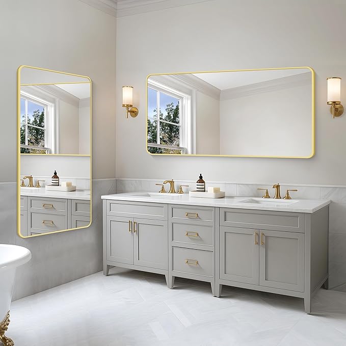 55x30 Inch Gold Bathroom Mirror, Metal Framed Gold Rectangle Mirrors, Rounded Rectangular Vanity Mirror, Large Wall Mounted Mirrors for Living Room Bedroom Entryway Hangs Horizontal or Vertical