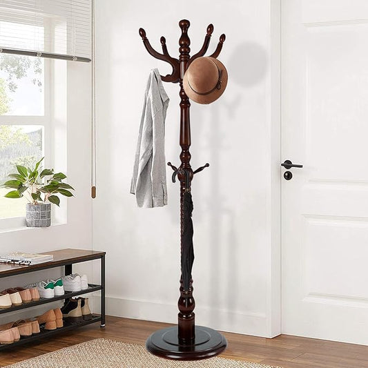 Wooden Coat Rack Freestanding, Vintage Coat Racks with Sturdy Round Base, Adjustable Height 37.40"-72.83" Entrance Coat Rack for Bedroom Living Room Entryway (Vintage Circular)