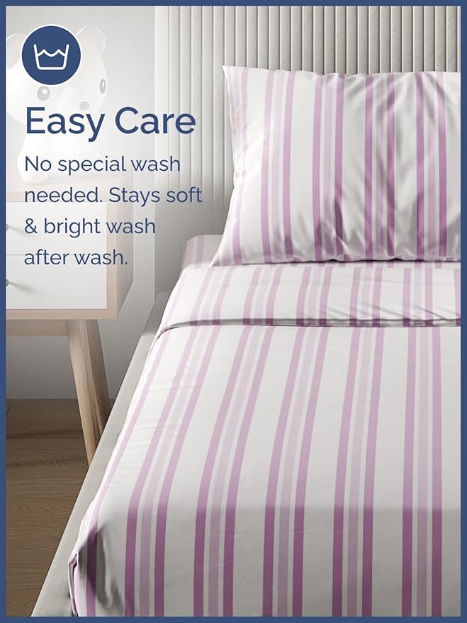 Kids Pink Stripes Twin 3 Piece Sheet Set - Boys, Girls, Teens, Toddler - Easy Fit, Deep Pockets - Breathable, Hotel Quality Sheets - Machine Washable - Wrinkle Free - Cute, Cozy & Soft - CGK Linens