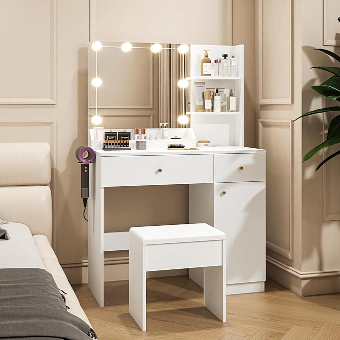 Vanity Desk with Mirror and Lights Dimmable LED Makeup Vanity Table with Drawers Side Cabinet 3 Storage Shelves Power Outlet Dressing Table Set include Holder Cushioned Stool for Bedroom(white)