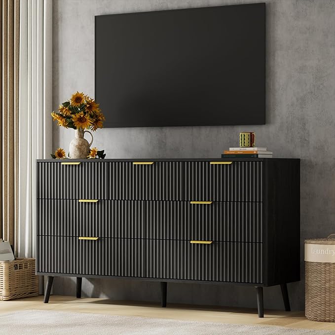LYNSOM Fluted Dresser and Nightstand Set, 3 Pieces Bedroom Set, 55 Inch Wide 7-Drawer Dresser & 1-Drawer Nightstands Set of 2, Modern Dressers Set for Bedroom, Living Room, Black