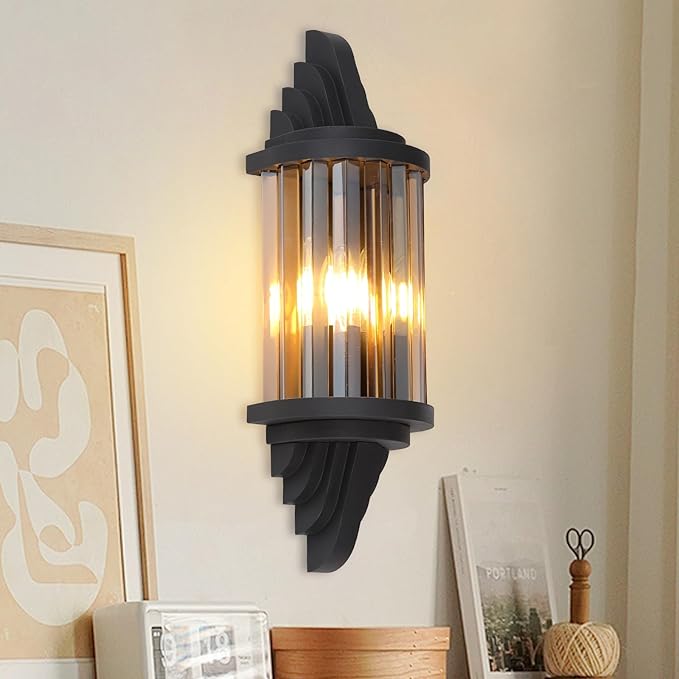 Rustic Black Wall Sconce with Amber Glass Vintage 2-Lights Antique Wall Light Fixture Retro Farmhouse Mid Centry Lantern Wall Sconce for Bedroom, Living Room, Mirror, Fireplace, E12