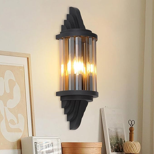 Rustic Black Wall Sconce with Amber Glass Vintage 2-Lights Antique Wall Light Fixture Retro Farmhouse Mid Centry Lantern Wall Sconce for Bedroom, Living Room, Mirror, Fireplace, E12
