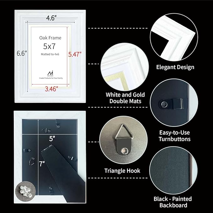 5x7 picture Frame for Wall or Tabletop Oak Wood, 4x6 Picture Frame with Mat,5x7 Premium Photo Frame with Real HD Tempered Glass,Ideal for Home Decor, Art Gallery,White, 1 Pack