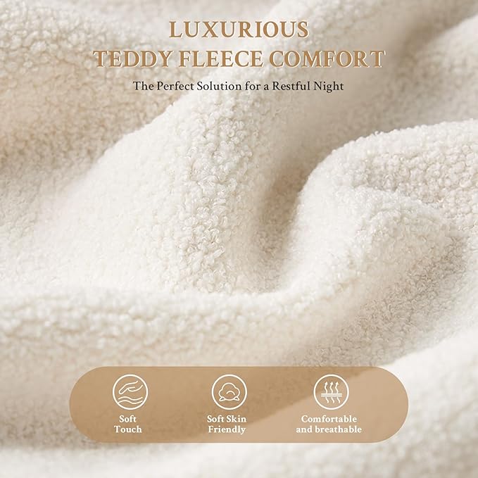 Queen Bed Frame with Headboard, 51" Tall Teddy Fleece Wingback Tufted Upholstered Platform Bed, LED Lights&USB/Type-C Port and Double Storage Shelf, No Box Spring Needed, Easy Assembly, White