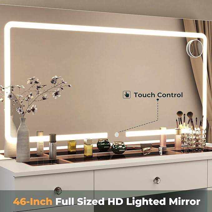 White Vanity with Lighted Mirror, 11 Drawers Vanity Mirror with Lights, 46" Makeup Vanity Desk with 3 Lighting Modes Adjustable Brightness, Vanity with Glass Top for Bedroom