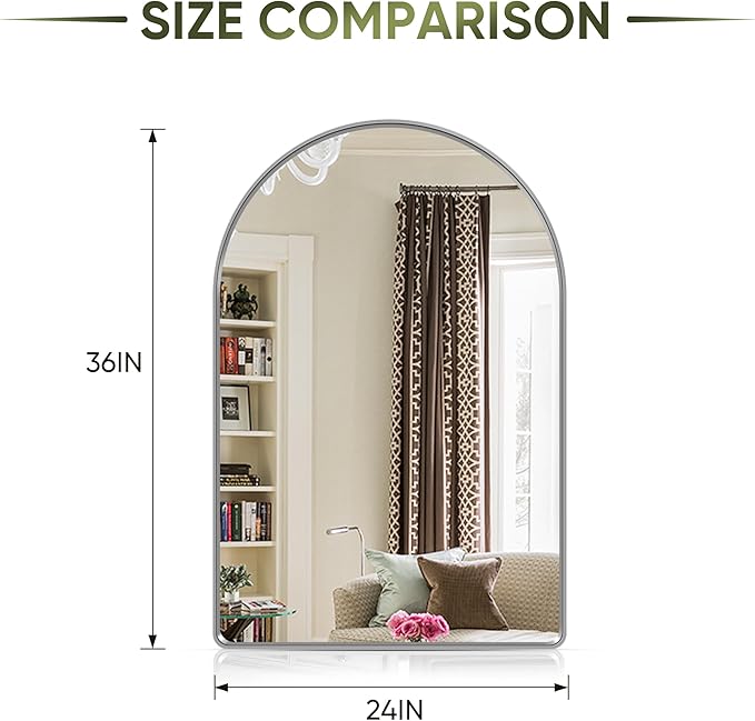 Suidia 24" x 36" Bathroom Mirror, Bathroom Vanity Mirror Metal Framed, Wall-Mounted Mirrors for Bedroom, Living Room, Entryway, Hallway, Silver, Arch Style