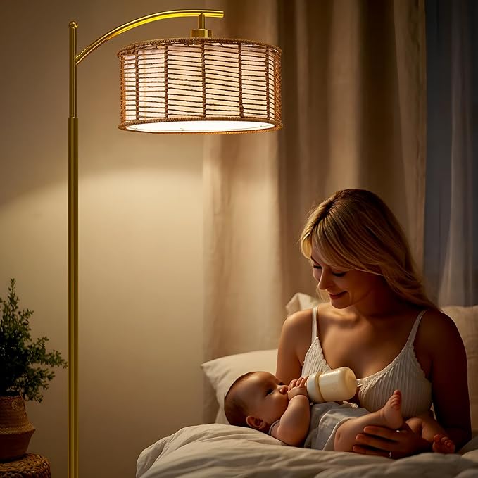 Oneach 62.5" Arc Floor Lamp for Living Room, Rattan Boho Floor Lamp with Gold Metal Base, Double Shades, Farmhouse Rustic Modern Standing Lamp for Bedroom Office Corner