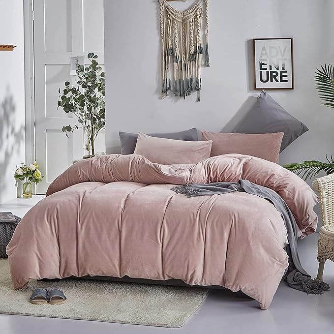 Luxlovery Pink Velvet Comforter Set Twin Lake Pink Flannel Plush Bedding Comforter Set Winter Thick Warm Solid Haze Pink Quilts Blanket Soft Heavyweight Comforter Set For Twin Bed