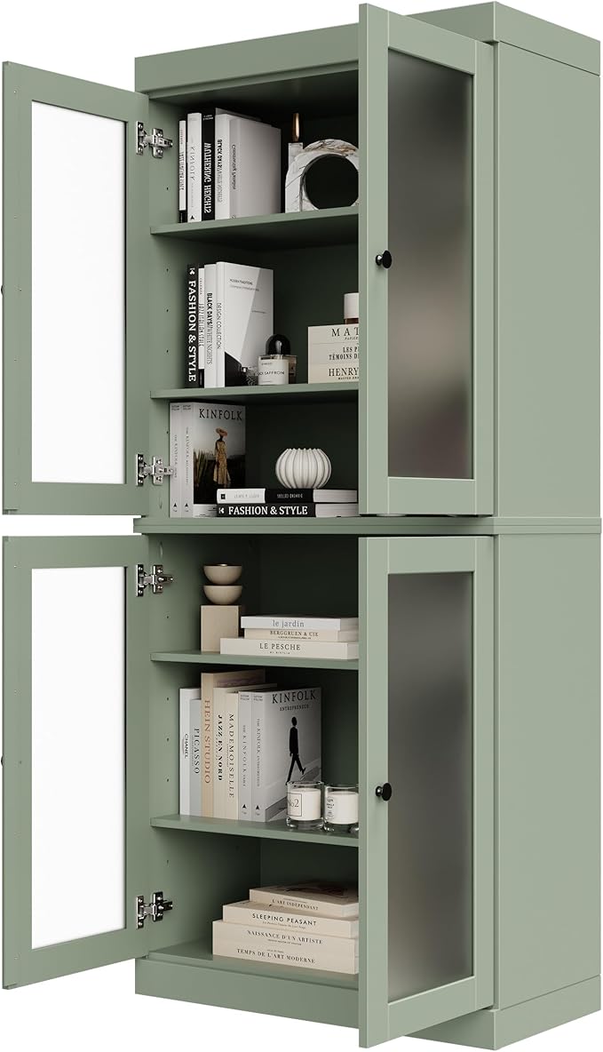 Palace Imports Solid Wood Bookcase w/Frosted Glass Doors & Adjustable Shelves for Living Room - 6-Tier Tall Bookshelf, 71.5" H x 32” W - Sage, 100% Renewable Eco-Friendly Wood, Made in Brazil