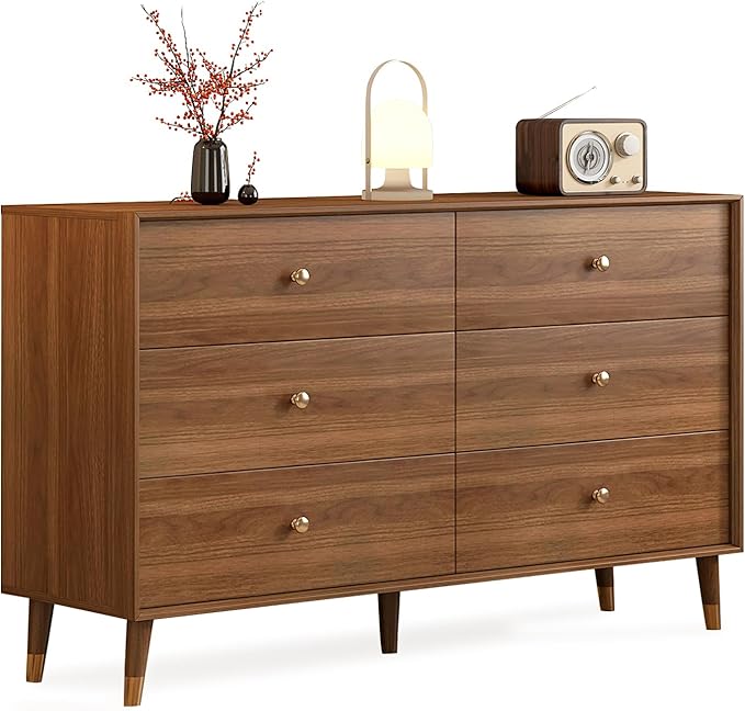 Dresser for Bedroom, Mid Century Modern 6-Drawer Solid Wood Chest, 47 Inch Walnut Finish, Heavy-Duty Drawer Glides, Storage Cabinet for Living Room, TV Stand (Brown, 47.2)