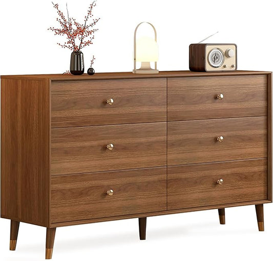 Dresser for Bedroom, Mid Century Modern 6-Drawer Solid Wood Chest, 47 Inch Walnut Finish, Heavy-Duty Drawer Glides, Storage Cabinet for Living Room, TV Stand (Brown, 47.2)