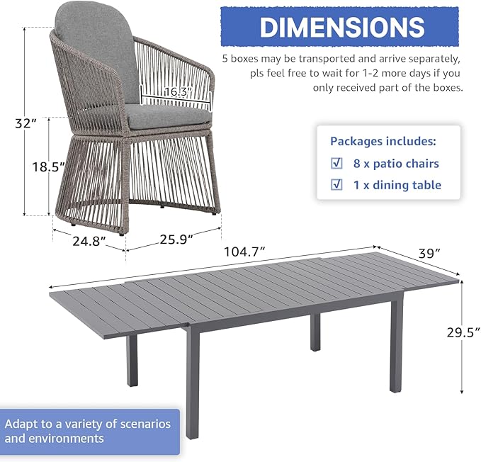 SUNSITT 9-Piece Outdoor Patio Dining Set, 63" - 105" Aluminum Expandable Outdoor Dining Table Set for 8, 8 Curved Armrest Chairs with Dark-Gray Removable Cushions