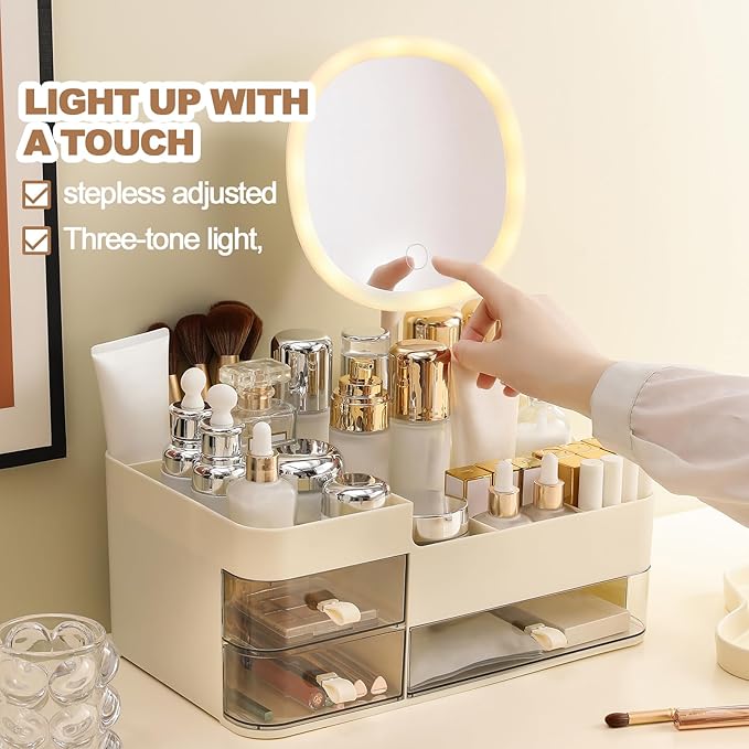 DASITON Makeup Organizer with Rechargeable Mirror and 3 Drawers,Skincare and Cosmetics Organizer Countertop,Makeup Brush Holder,Large Cosmetic Display Case for Vanity,Desk,Bathroom,Bedroom(Cream)