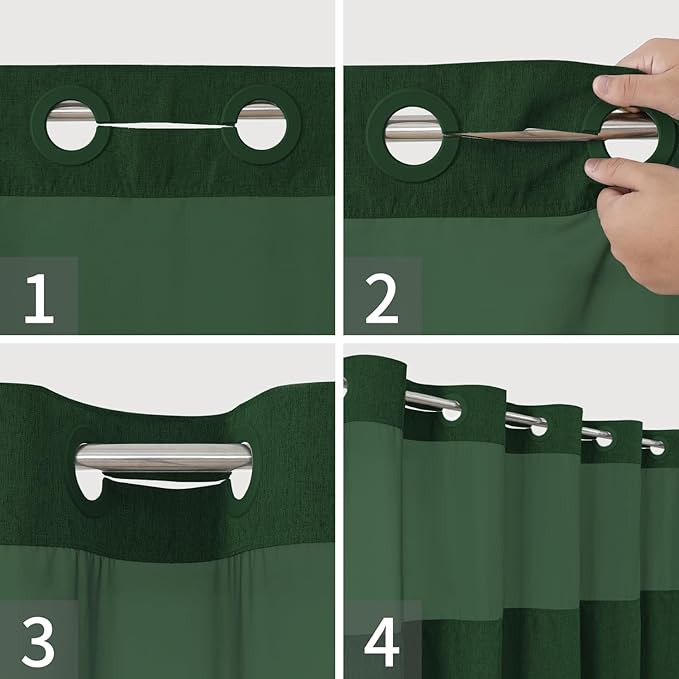 Long No Hooks Needed Linen Textured Shower Curtain with Snap-in Fabric Liner Set,Hotel Luxury Decor Shower Curtains for Bathroom,Waterproof & Washable,71Wx80H,Emerald Green