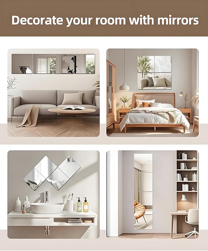 12" x 12" 12Pcs Full Length Wall Mirror Tiles, Frameless Wall Mounted Mirror Glass Wall Mirror for Home Gym, Door, Bedroom, Living Room