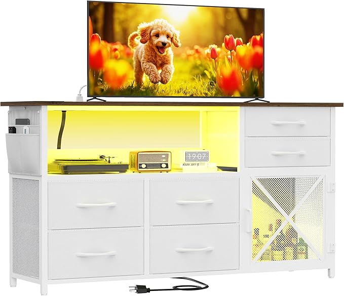 Dresser for Bedroom with LED Lights, TV Stand with Charging Station for 50 inch TV, 6 Drawers Chest with Door and Side Storage, Wide Metal Dresser Table for Living Room, White and Brown
