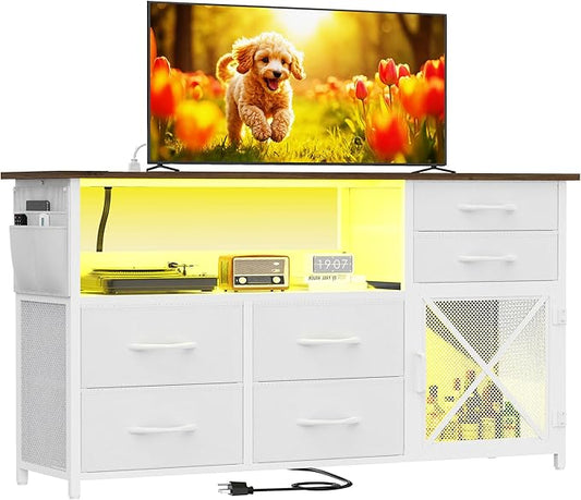 Dresser for Bedroom with LED Lights, TV Stand with Charging Station for 50 inch TV, 6 Drawers Chest with Door and Side Storage, Wide Metal Dresser Table for Living Room, White and Brown