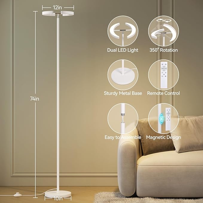 SUNMORY Floor Lamps for Living Room, 28W Bright LED Floor Lamp with 2 Rotatable Lights & Remote Control, 74" Tall Standing Lamp with Stepless Dimmable, Modern Reading Corner Lamp for Bedroom, Office