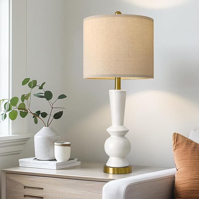 PORTRES 27" Modern Ceramic Table Lamp Set of 2 for Living Room White & Gold Bedside Lamps for Bedroom Nightstand Lamp Tall End Table Lamps