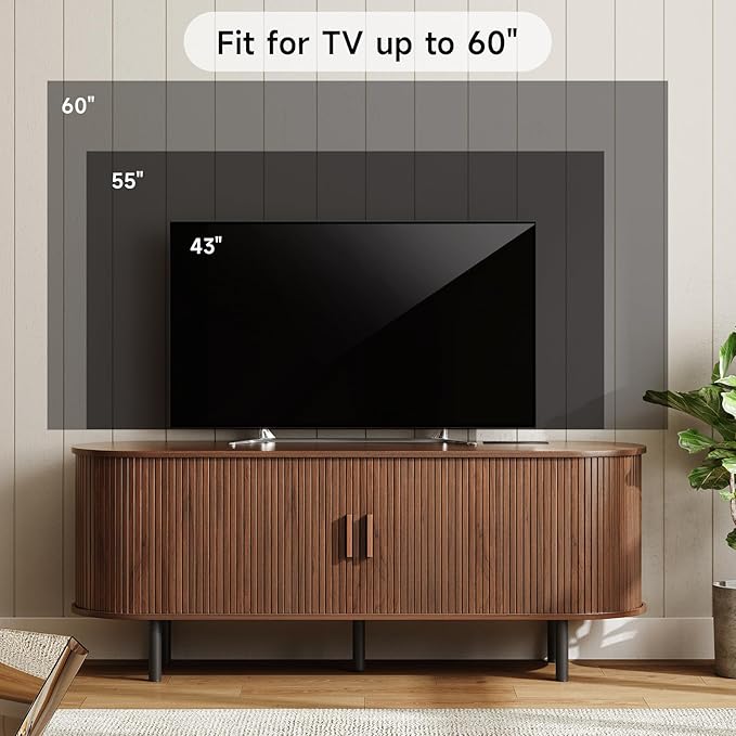 55" TV Stand with Power Outlet for TVs up to 60 Inch, Entertainment Center with Storage and Adjustable Shelves, Modern Media Console with Sliding Doors for Living Room, Walnut