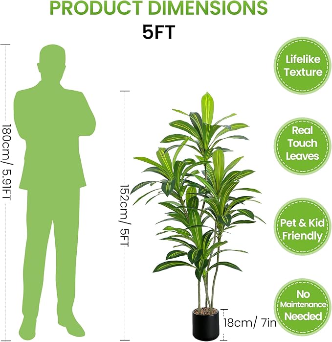 Artificial Dracaena Tree 5FT Tall, Realistic Faux Indoor Floor Plant for Home & Office Decor, Black Round Planter with Decorative Stones – UPBUD