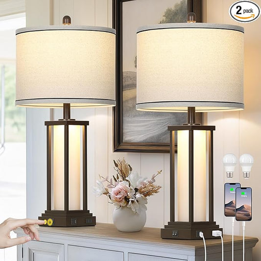 27" Tall Vintage Table Lamps with USB C+A & Outlet,Brown End Table Lamp Set of 2 for Living Room,Rustic Bedside Lamps with Frosted Glass Night Light for Bedroom Nightstand,Oil-Rubbed Bronze