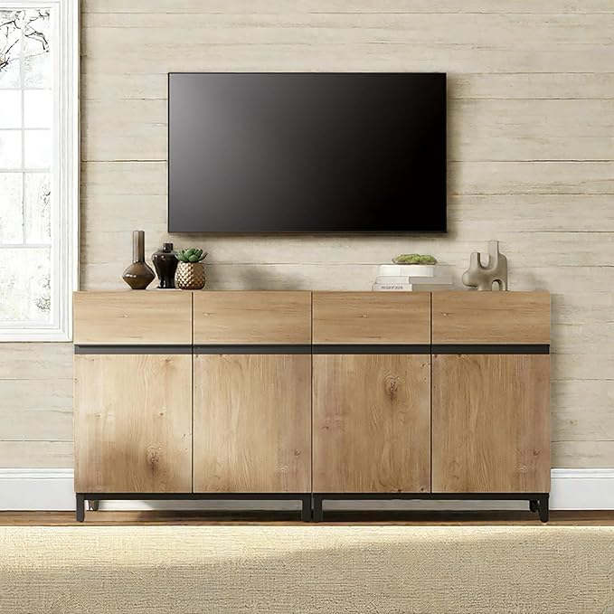 WAMPAT Modern TV Stand for TVs Up to 70 Inch, 2 in 1 Entertainment Center with Adjustable Shelves and Metal Base, Media Console for Living Room and Bedroom, Oak