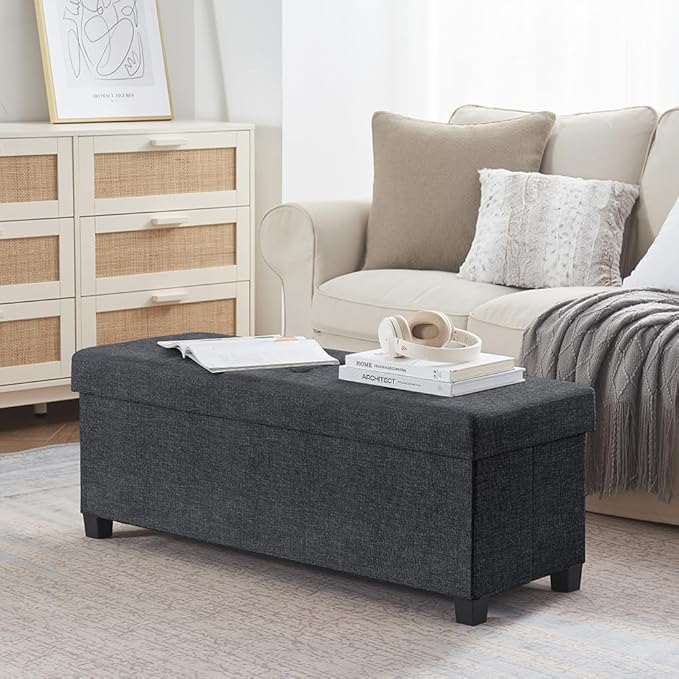 Ornavo Home 43 Inch Storage Ottoman, Large Storage Bench, Ottoman with Storage with Legs, Foot Rest Stool, Bedroom Bench - Black