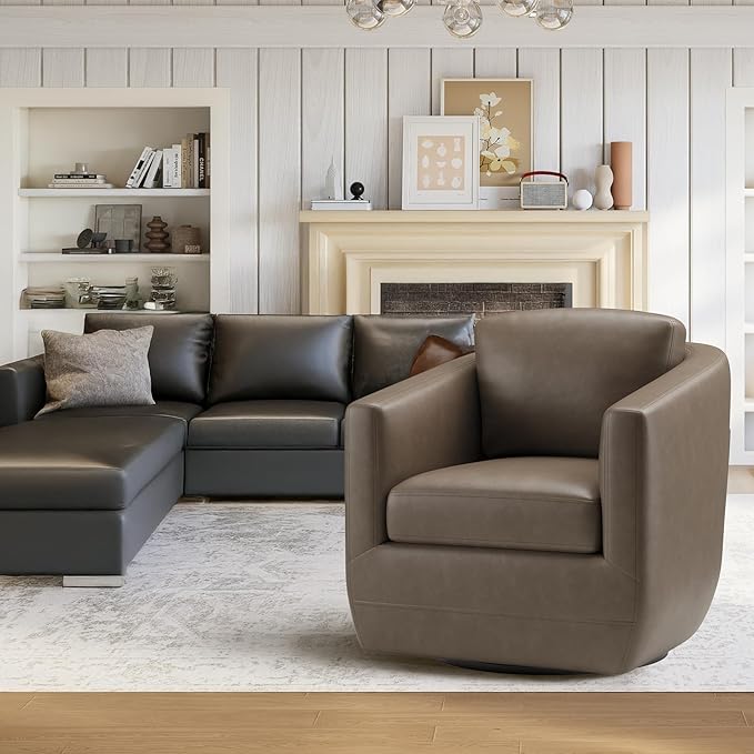 COLAMY 360° Swivel Accent Chair Set of 2 with Pillow, Leather Living Room Armchair No-Sag Foam & Sturdy Metal Base, Fully Assembled Swivel Single Sofa for Bedroom Living Room, Reading Room, Wolf Grey