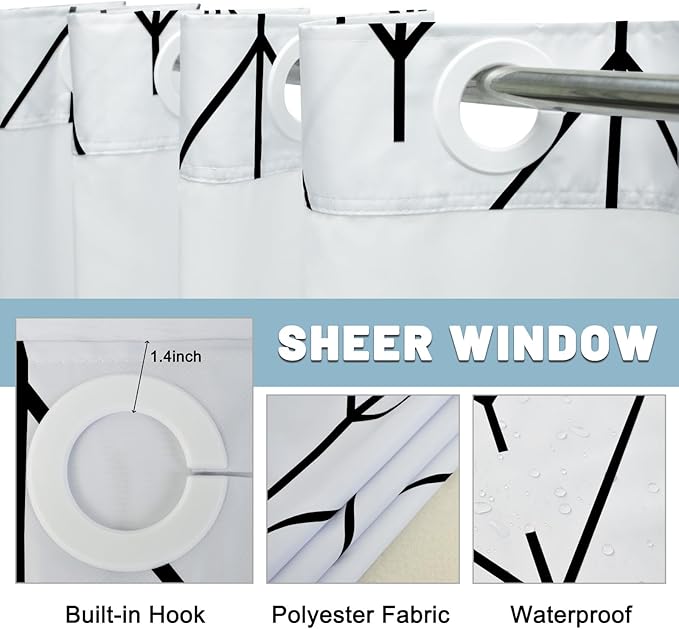 No Hook Geometric Striped Shower Curtain with Snap in Liner Set - Hotel Shower Curtain and Liner Set with See Through Mesh Top Window,Machine Washable, 71x74 INCH - Black & White Herringbone