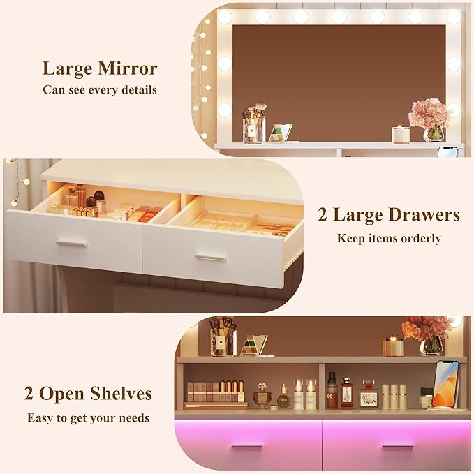 Vanity Desk with Mirror and Lights, Small Makeup Vanity with Chair and RGB Lights, White Vanity Table Set with 2 Drawers & Power Outlets, Open Shelves, 3 Color Modes Adjustable, White