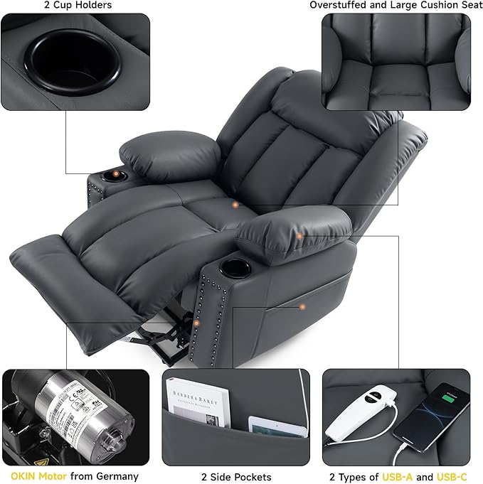 Large Power Lift Chairs Recliners for Elderly with Heated and Massage, Overstuffed Adjustable Lift Chairs, 3 Positions, Breathable Leather, USB-A and USB-C, Cup Holder, Side Pocket, Grey