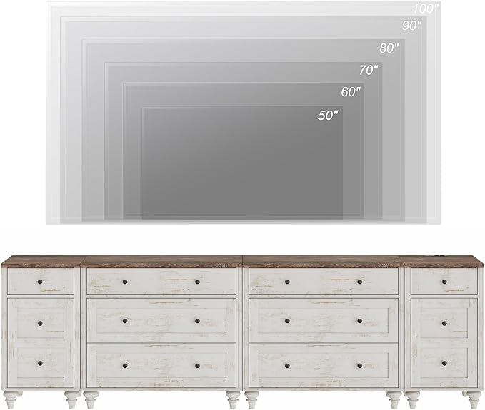 WAMPAT Farmhouse TV Stand for 100 Inch TV, 3-in-1 TV Console Table with 8 Drawers and 2 Storages, Entertainment Center, Nightstands with Charging Station for Living Room, Rustic White
