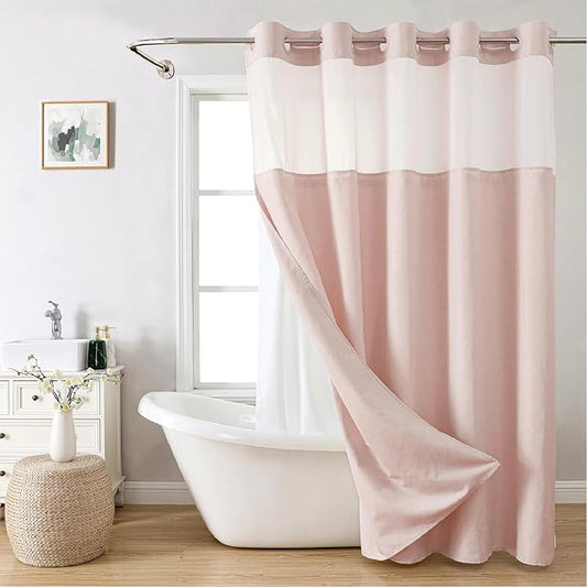 Long No Hooks Needed Linen Textured Shower Curtain with Snap-in Fabric Liner Set,Blush Hotel Luxury Decor Shower Curtains for Bathroom,Waterproof & Washable,71Wx80H