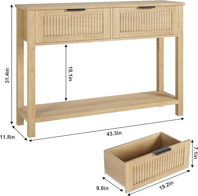 GAOMON Farmhouse Entryway Table,43 Inch Wood Console Table with 2 Drawers,2 Tier Sofa Table with Storage for Living Room, Foyer Tables for Entryway-Burlywood