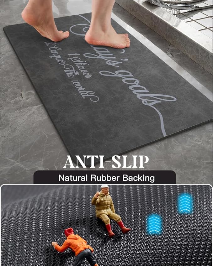 MontVoo -Bath Mat Rug- Non Slip Quick Dry Absorbent Thin Bathroom Rugs Fit Under Door-Faux Suede Surface Bathroom Floor Mats-Shower Rug for in Front of Bathtub Shower 17 X27.5 Dark Grey Text Pattern