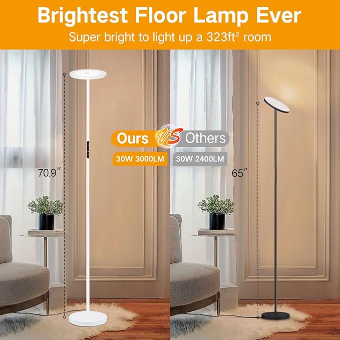 OUTON Floor Lamp, 30W/3000LM LED Modern Torchiere Sky Lamp, Bright Dimmable Standing Tall Lamp with 4 Color Temperatures, Remote Touch Control, 1 Hour Timer for Living Room Bedroom Office, White
