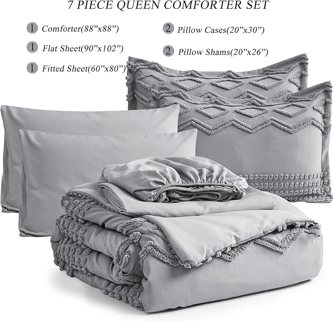 KAKIJUMN Grey 7-Piece Bohemian Geometric Tufted Comforter Set, All Season Microfiber Bedding Set(Queen)