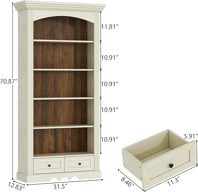 71’’ Tall Arched Bookcase with Stroage of 2 pcs, Farmhouse 5-Tier Arch Bookshelf with Drawers, Freestanding Book Shelf with Adjustable Shelf and Roman Column Pattern for Home Office (2, White)