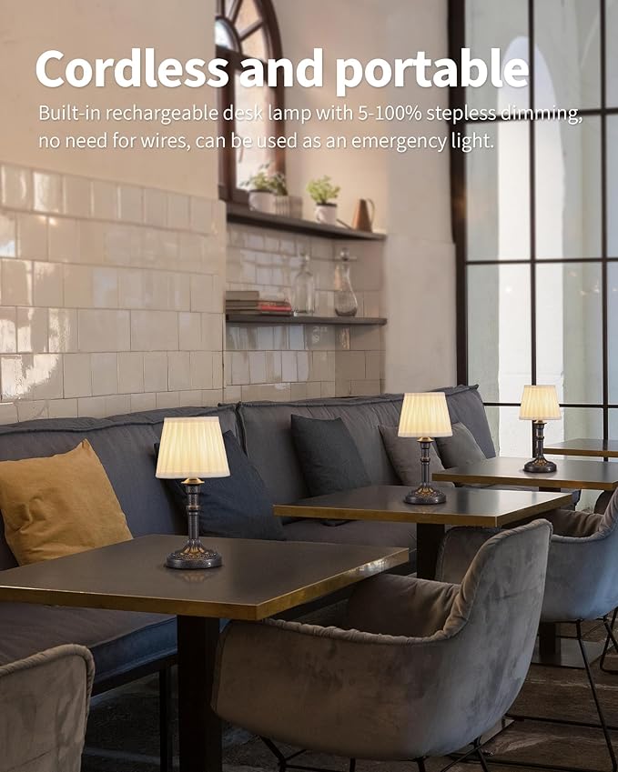 KDG Cordless Portables Table Lamp Set of 2, LED Fabric Shade Small Desk Lamps, 4000mAh Battery Powered Lighting, 2700K Stepless Dimmable Light for Living Room, Dining Room, Bedroom (Mottled Silver)