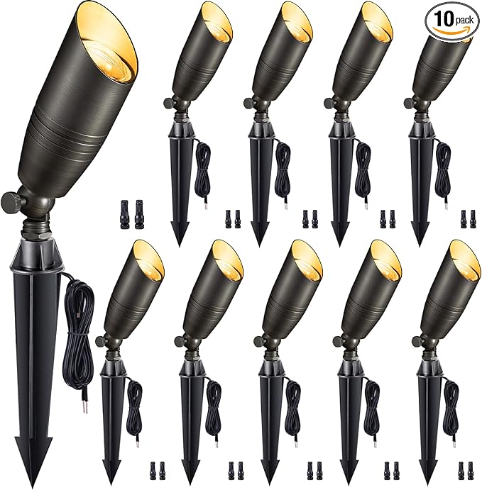 Low Voltage Spotlight LED - 12V Outdoor Light Fixture Weather Proof, Brass Landscape Lights Bullet, Hardwired Coastal Bronze for Flag Sign Without Bulbs (10 Pack)