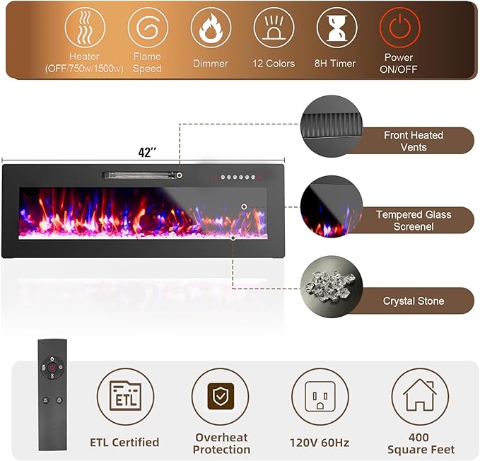 Ludatido 80 Inch Premium TV Stand with 36 inch Electric Fireplace 27 Inch high LED Light Entertainment Center Easy to Assemble for TVs Up to 90'' with USB&AC Power Interface White