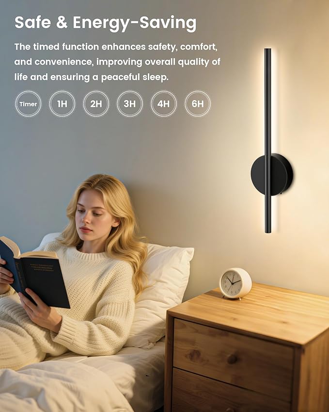 NIORSUN 15.7 Inch Battery Operated Wall Sconce Set of 2, Black Minimalism Rechargeable Wall Lights with Remote, 3CCT Dimmable Wireless Wall Lamp for Living Room Bedroom Hallway